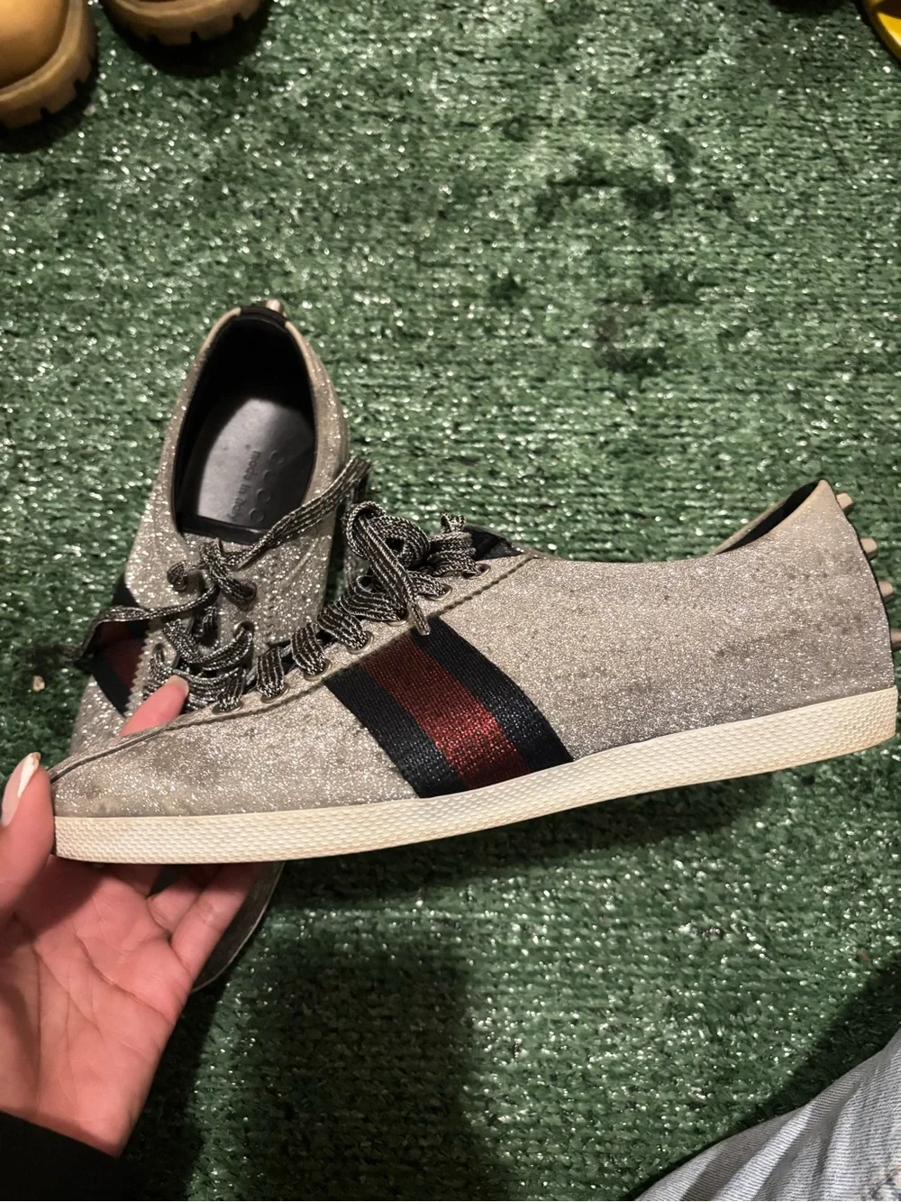 Gucci Silver Glitter Low-Top Sneakers with Red & Navy Web Stripe